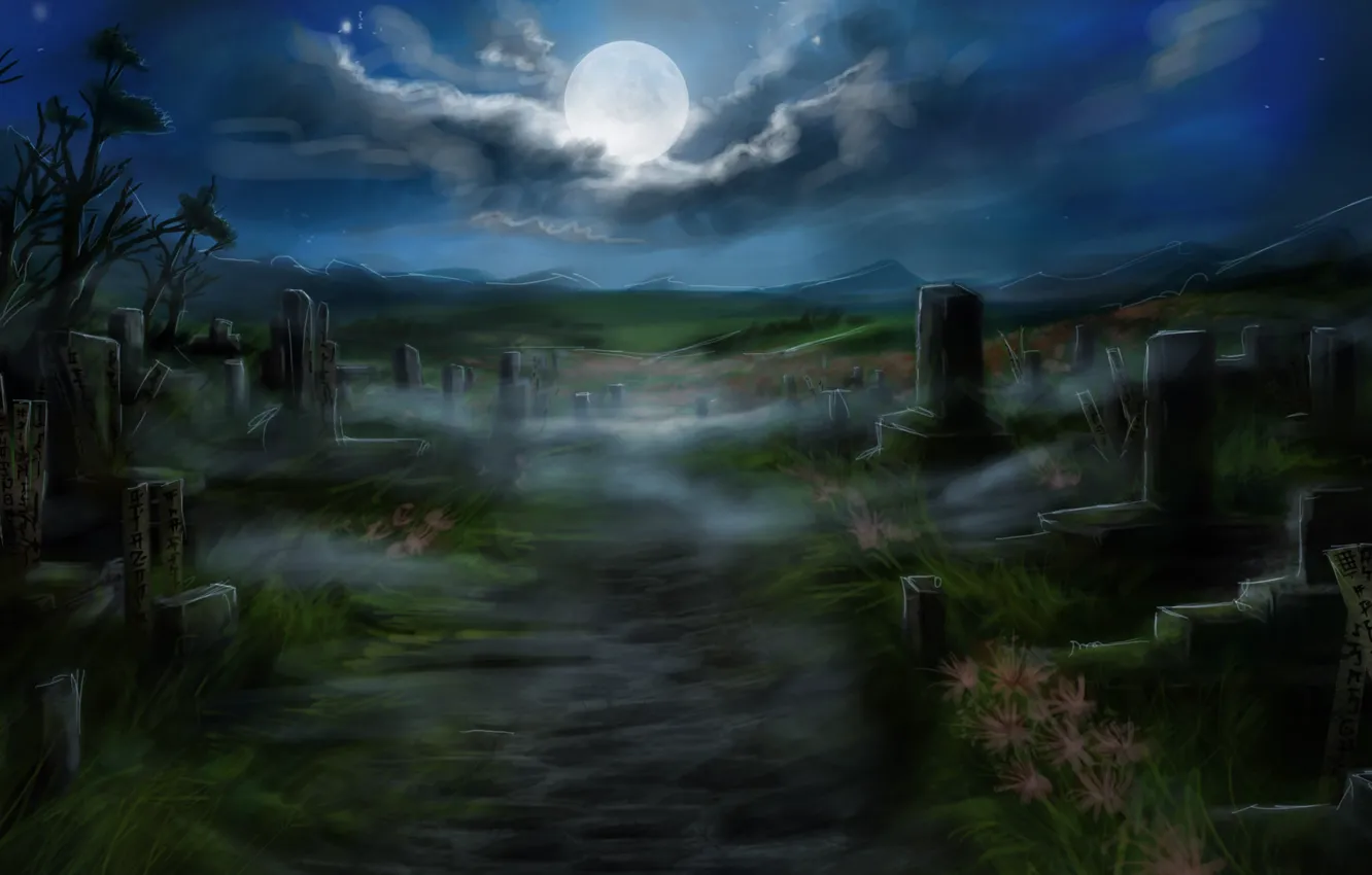 Фото обои ночь, луна, арт, дорожка, кладбище, плиты