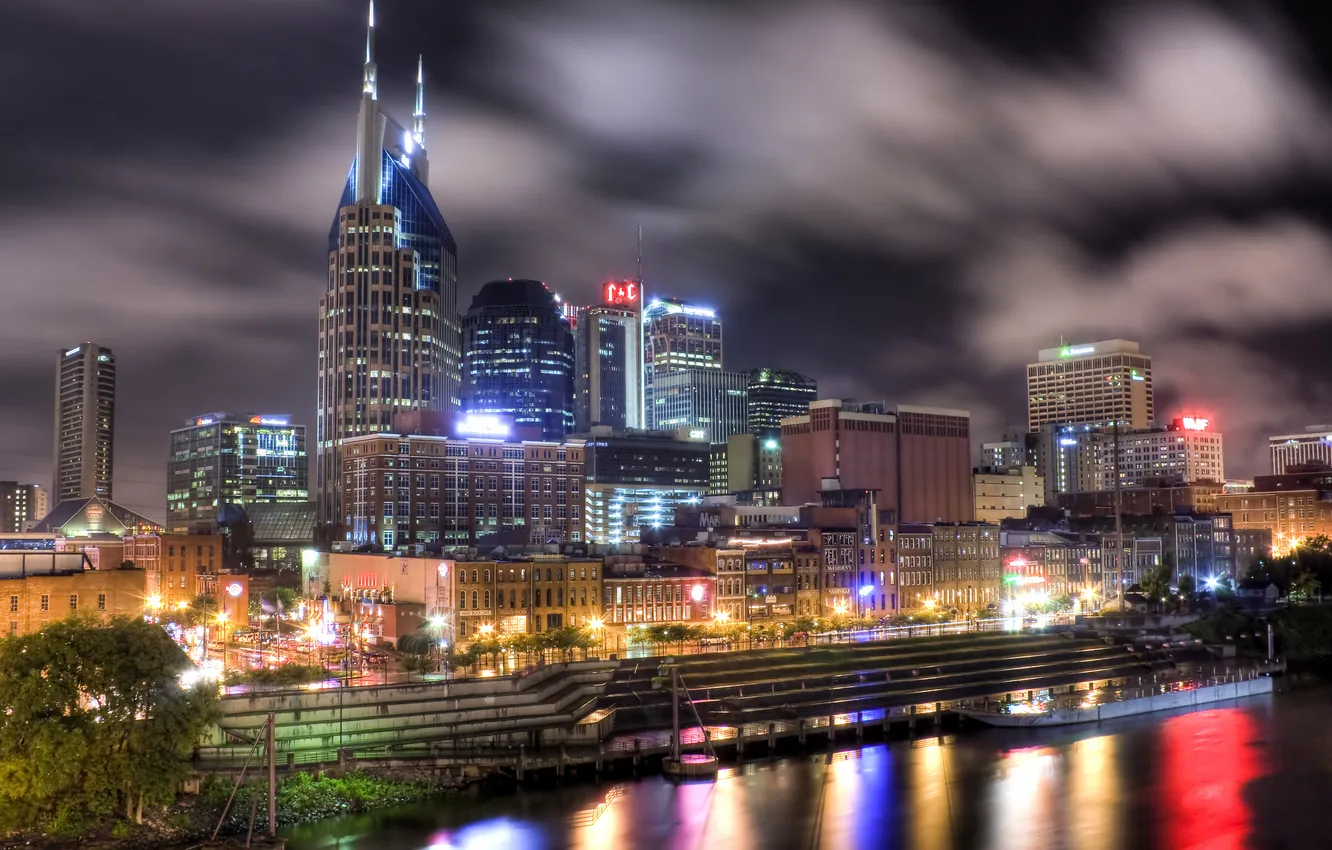 Фото обои здания, ночной город, набережная, Tennessee, Nashville