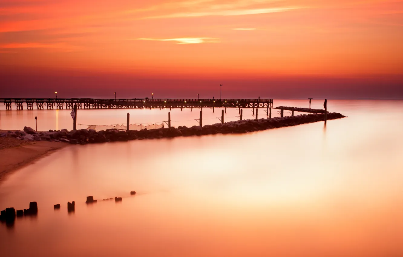 Фото обои океан, рассвет, пирс, Maryland, North Beach