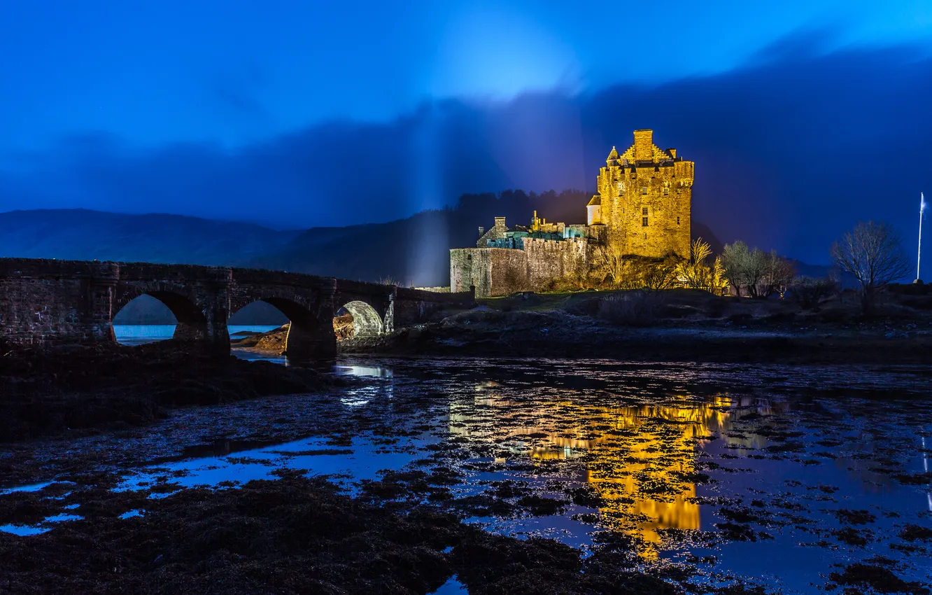 Фото обои небо, мост, Шотландия, освещение, крепость