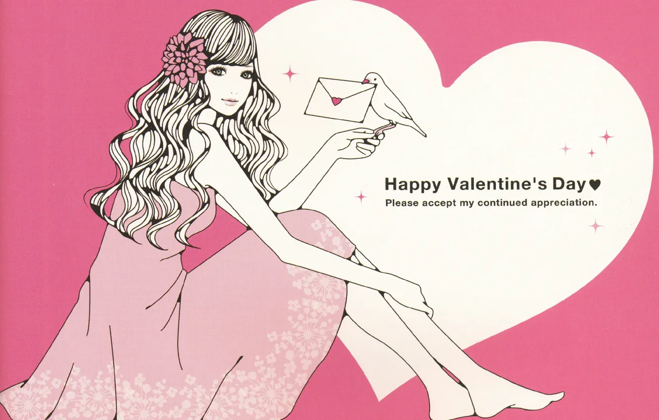 Фото обои письмо, голубь, сердечко, розовый фон, valentine's day, цветок в волосах, розовое платье, вьющиеся волосы