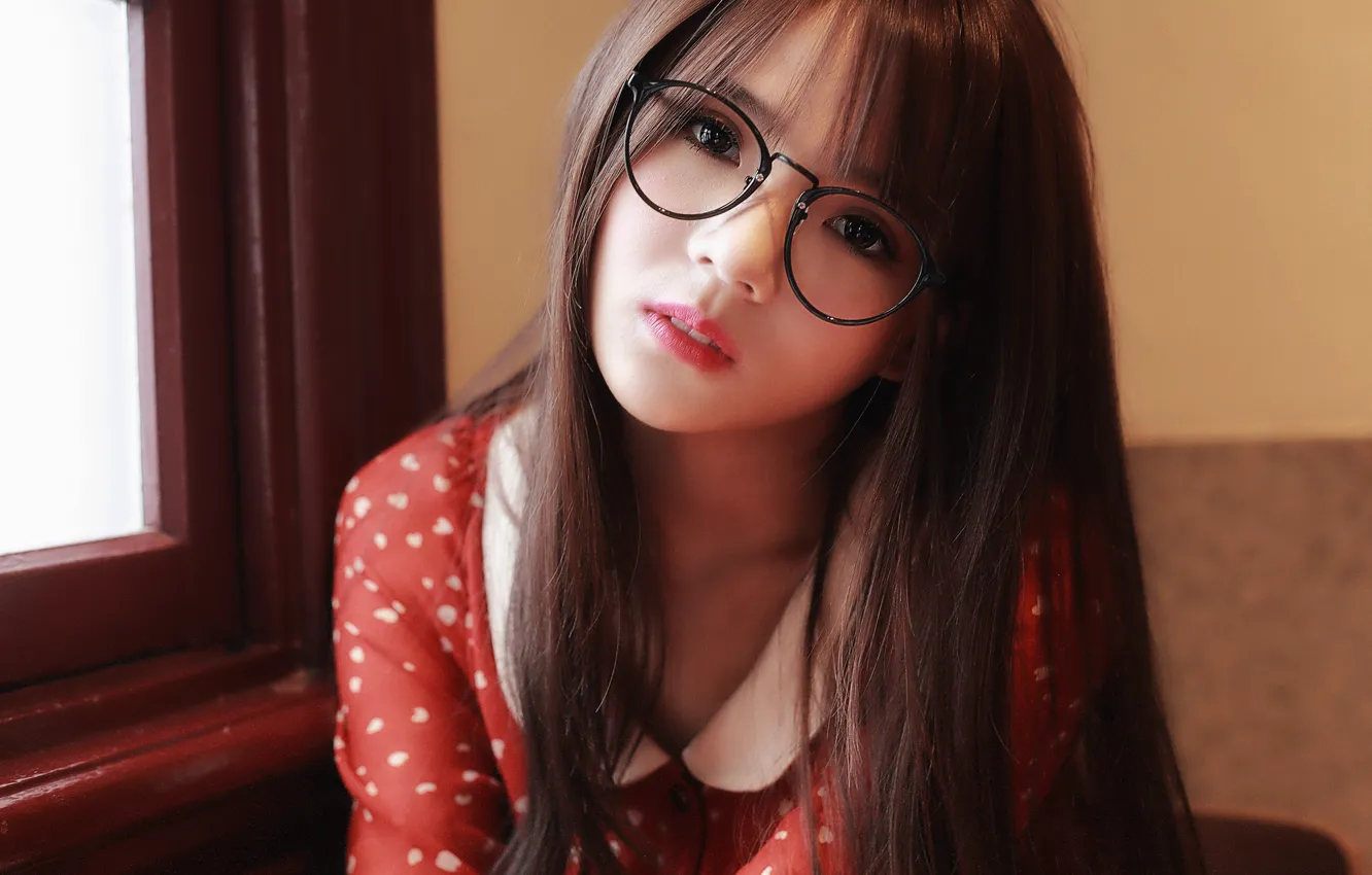 Фото обои взгляд, девушка, лицо, волосы, очки, красотка