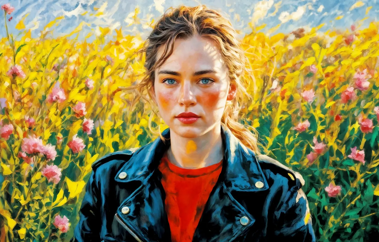 Фото обои поле, лето, девушка, свет, цветы, румянец, шатенка, пиджак