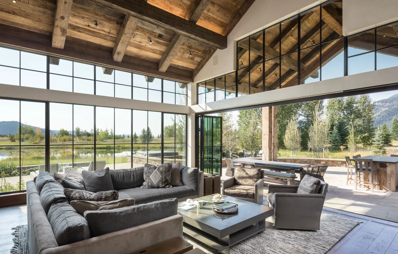Фото обои дизайн, стиль, интерьер, терраса, гостиная, Rustic Mountain Home, столовая на открытом воздухе, Burke small residence