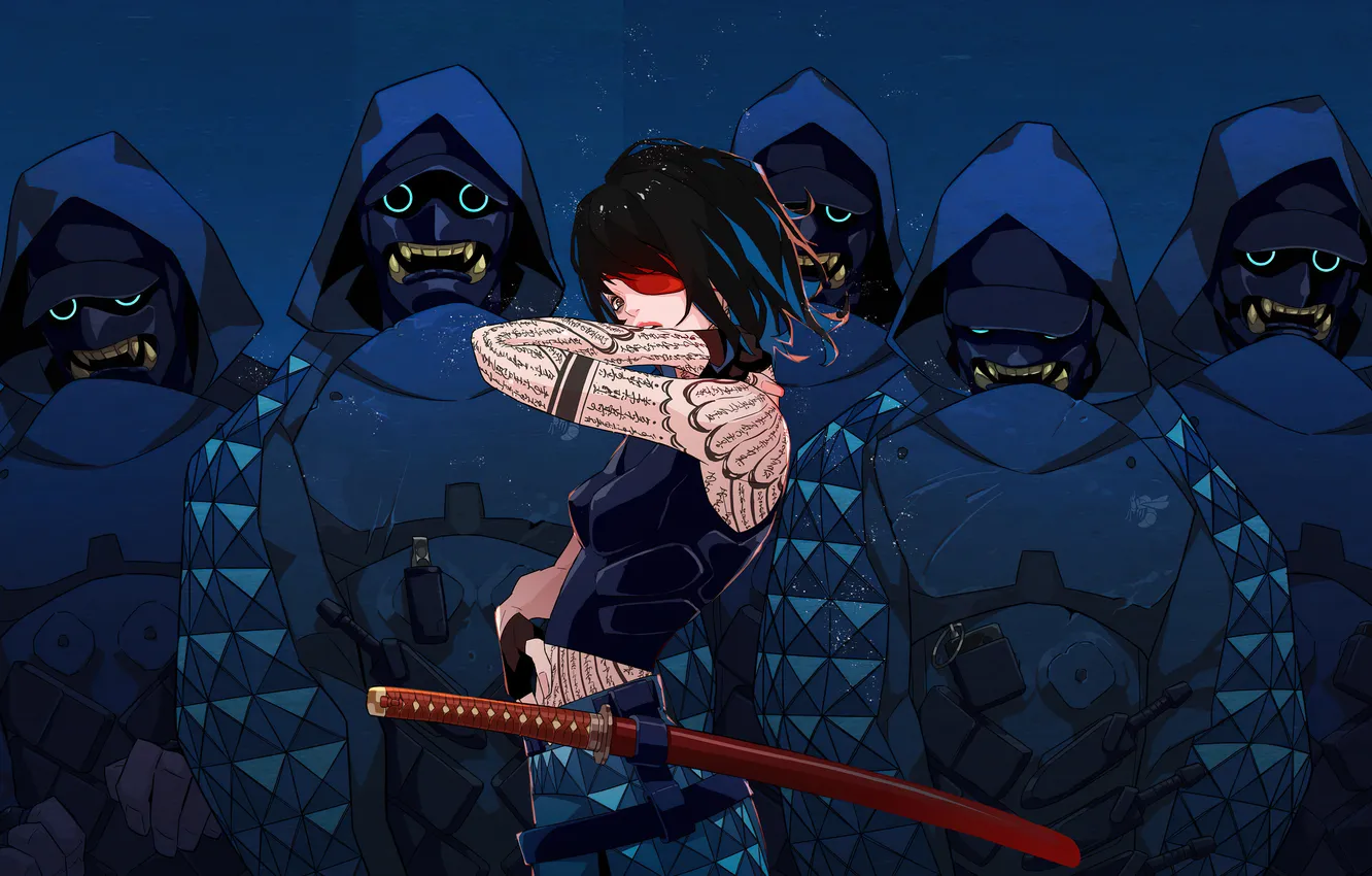 Фото обои katana, cyberpunk, samurai, warriors, futuristic, tatu, anime girl