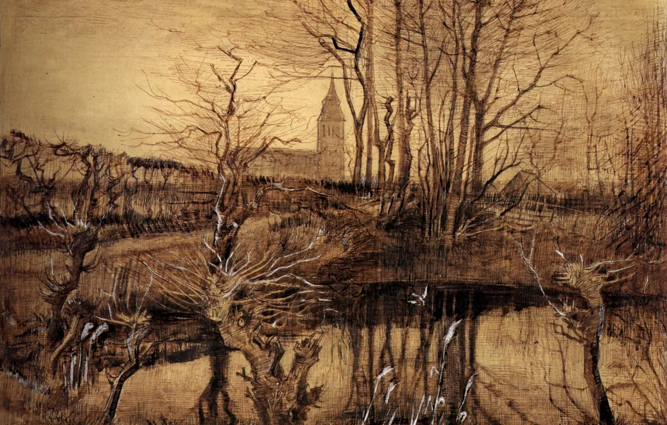 Фото обои ветки, озеро, Vincent van Gogh, The Kingfisher