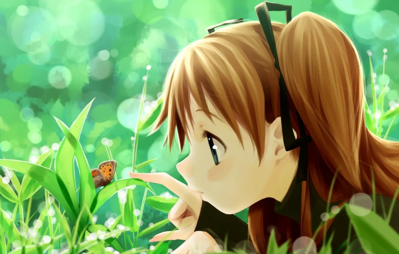 Фото обои лето, трава, бабочка, аниме, девочка