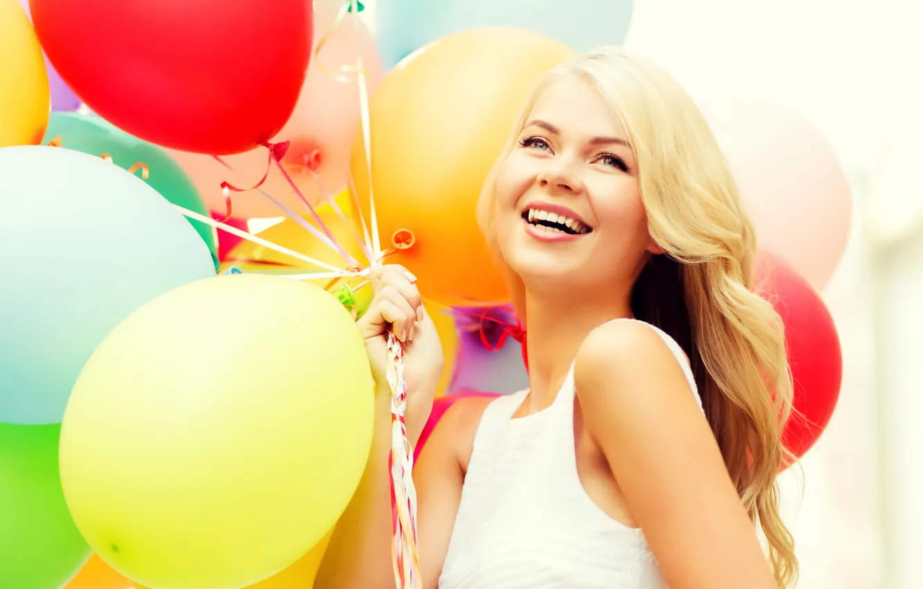 Фото обои шарики, радость, счастье, воздушные шары, girl, happy, woman, smile