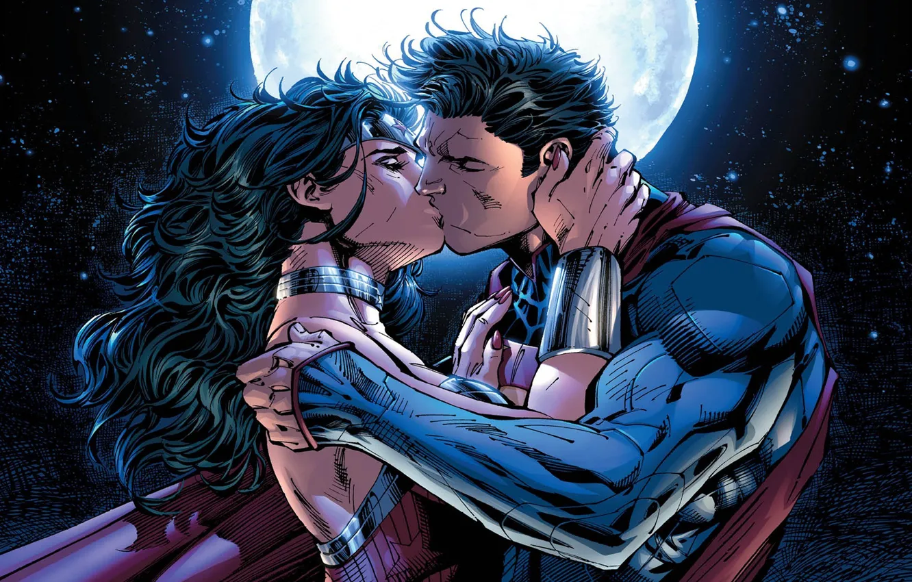 Фото обои поцелуй, love, Wonder Woman, Superman, dc comics, Comics, Диана, Diana