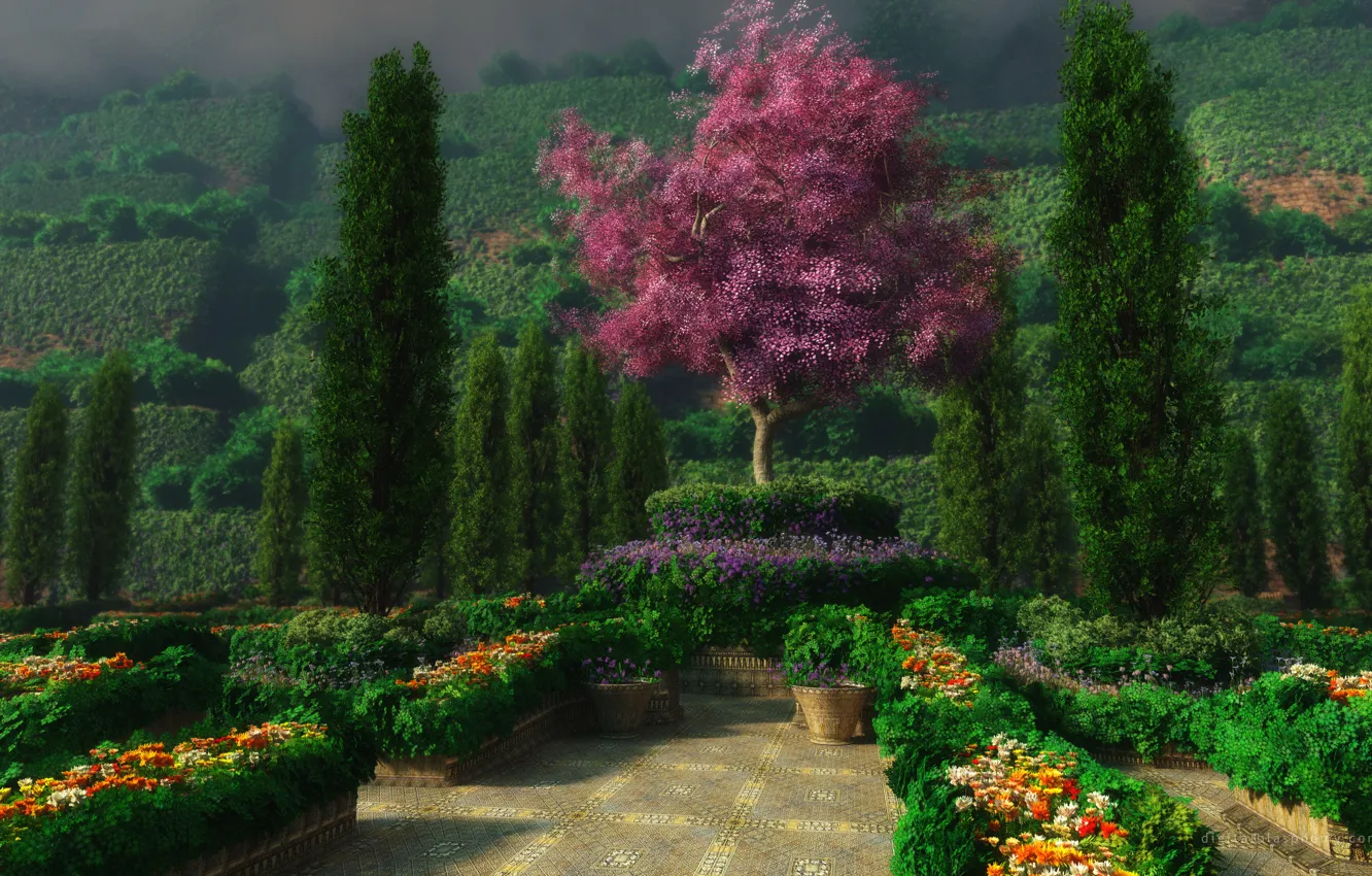 Фото обои зелень, деревья, цветы, клумбы