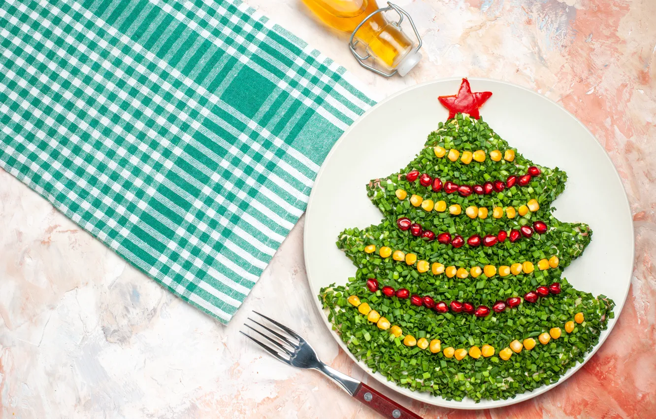 Фото обои зелень, звезды, новый год, масло, еда, полотенце, кукуруза, лук