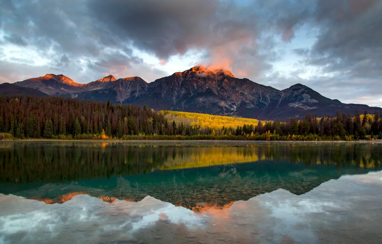 Фото обои лес, горы, озеро, отражение, Канада, Альберта, Alberta, Canada