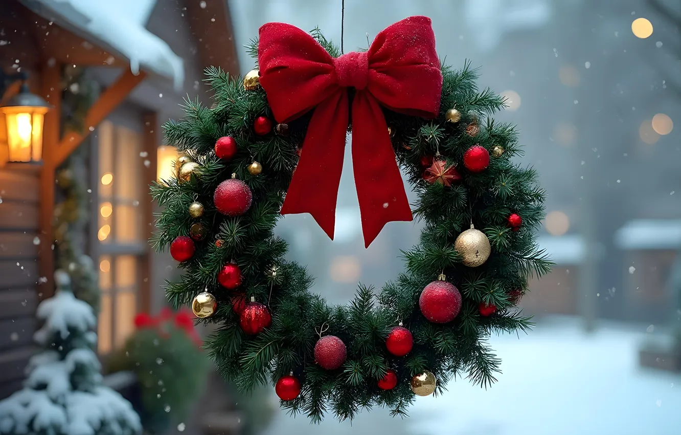 Фото обои снег, украшения, елка, Рождество, Новый год, Christmas, венок, winter