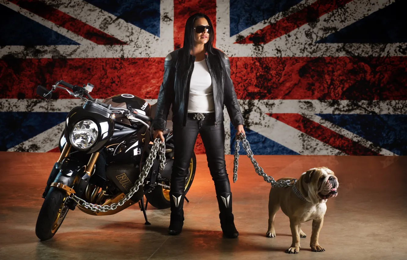 Фото обои metal, girl, long hair, bike, style, woman, dog, motorcycle