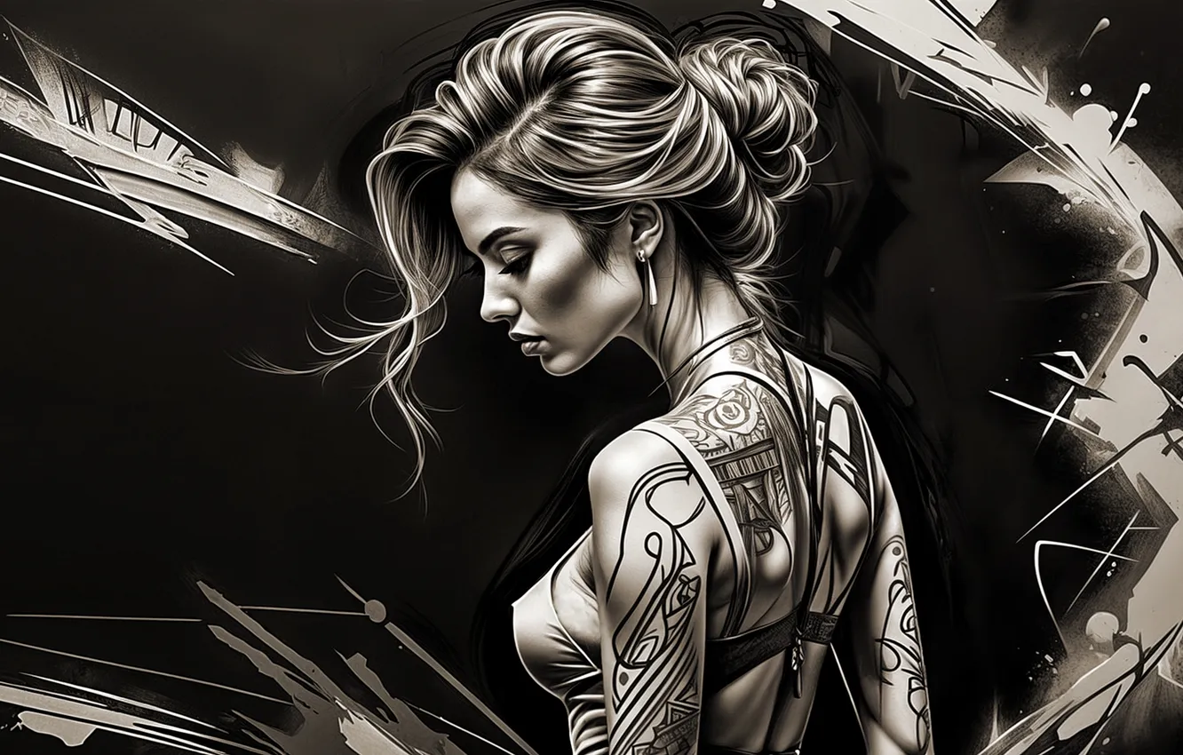 Фото обои girl, monochrome, tattoo, ai art
