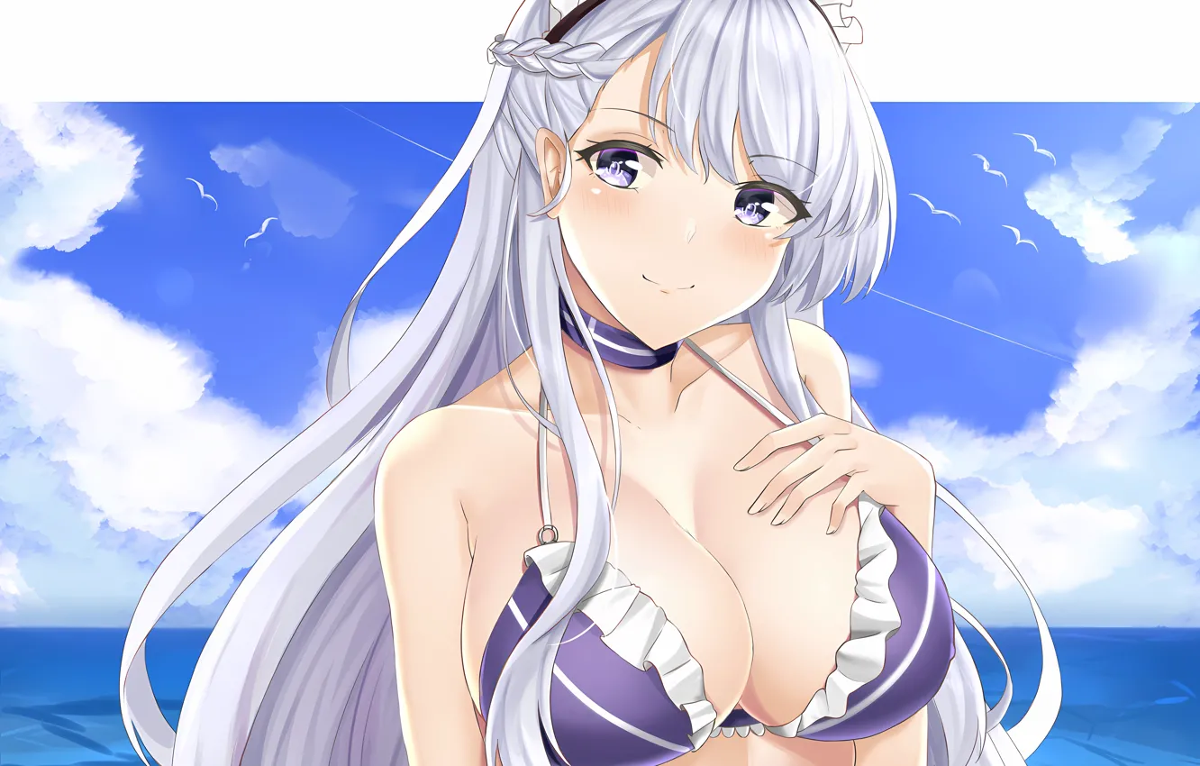 Фото обои girl, sexy, cleavage, sky, long hair, sea, boobs, anime