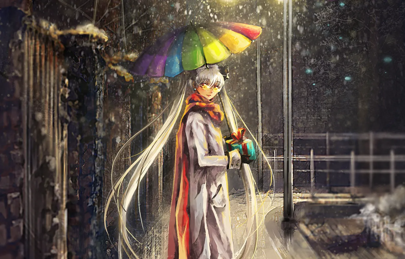 Фото обои девушка, снег, город, подарок, улица, радуга, зонт, арт