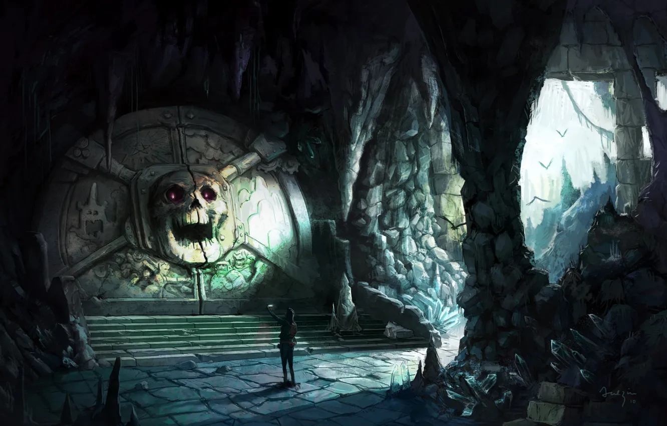 Фото обои череп, дверь, арт, факел, пещера, летучие мыши, путник, Andrius