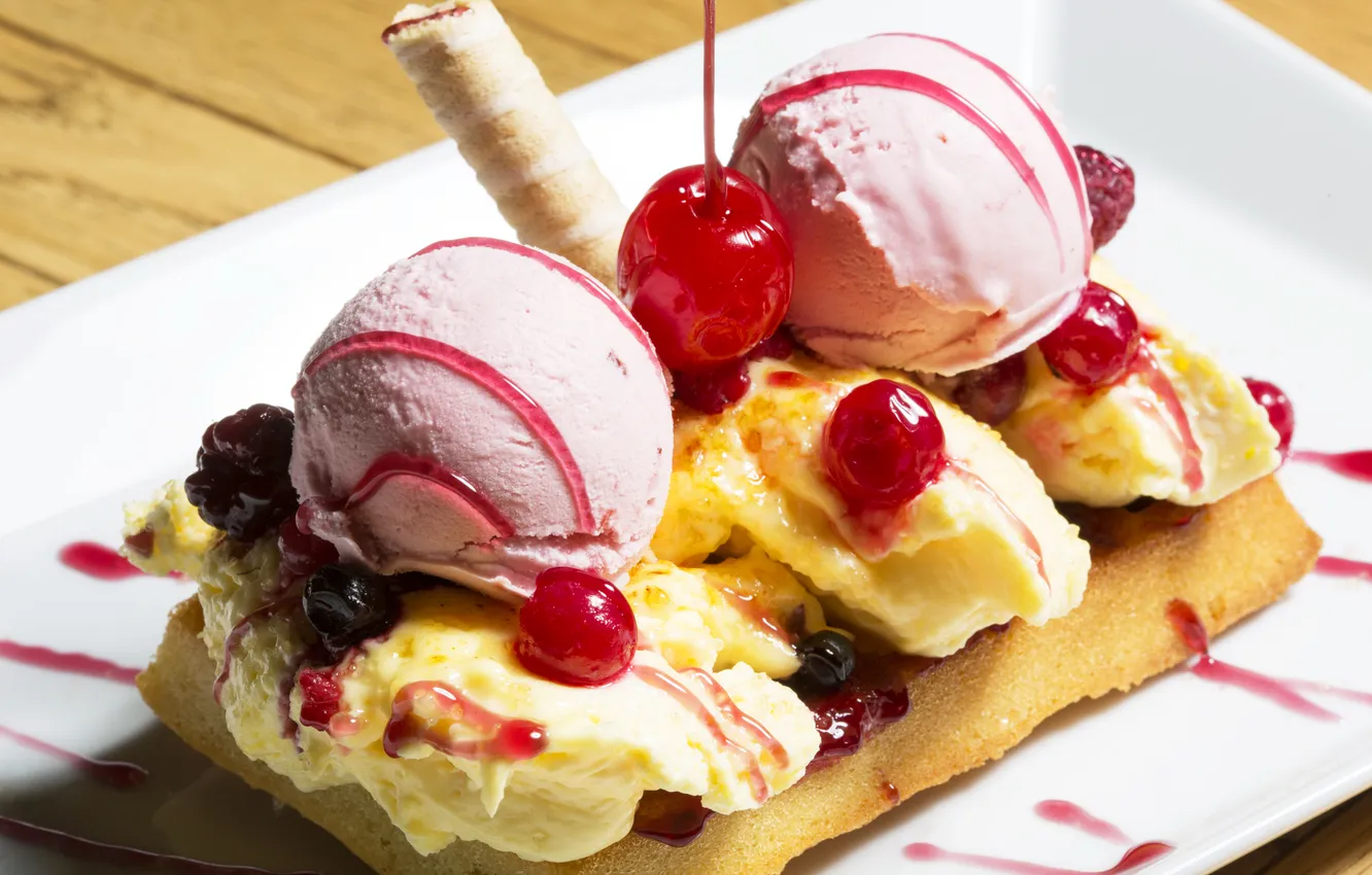 Фото обои вишня, ягоды, мороженое, десерт, dessert, jam, ice cream
