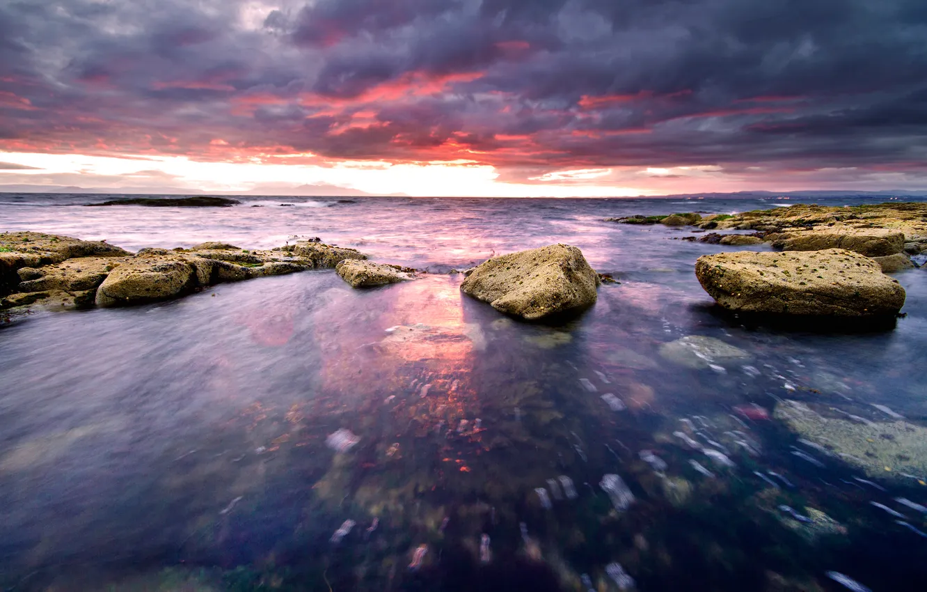 Фото обои море, небо, закат, камни