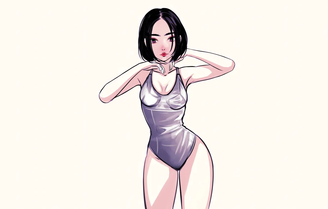 Фото обои girl, sexy, cleavage, boobs, anime, beautiful, short hair, purple eyes