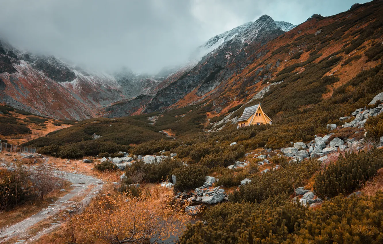 Фото обои осень, горы, камни, склон, домик
