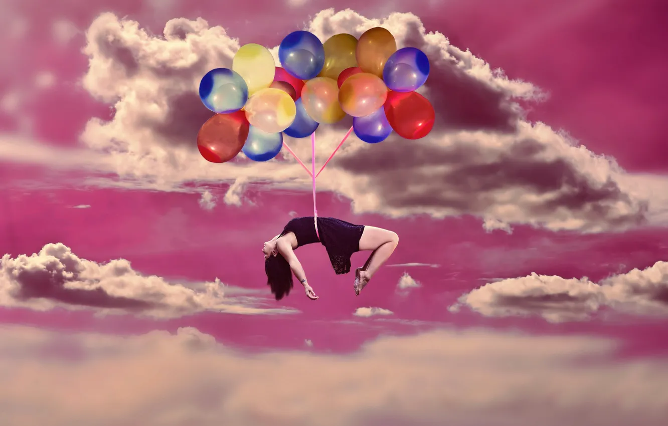 Фото обои небо, девушка, облака, шарики, платье
