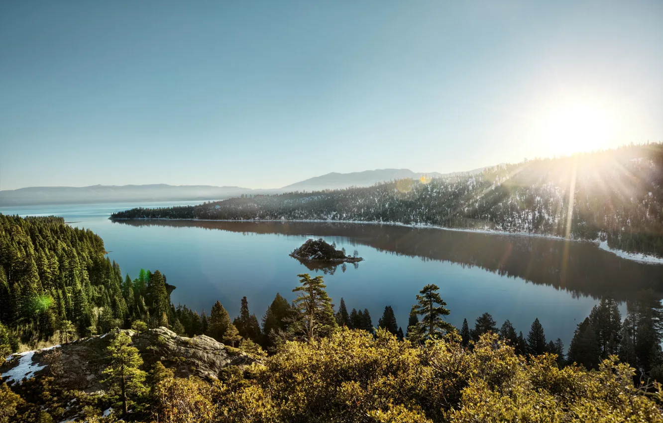 Фото обои зима, лес, горы, озеро, остров