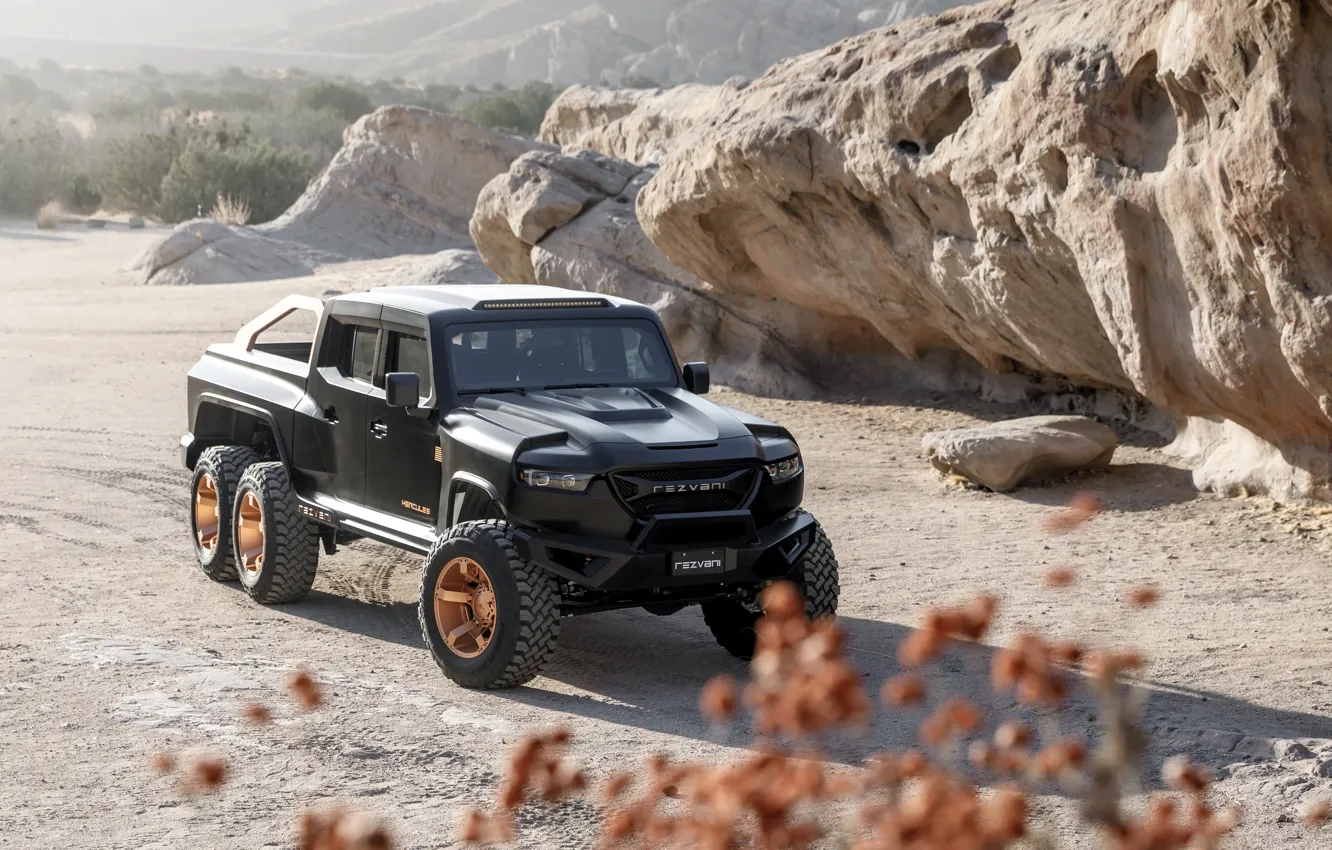 Фото обои пикап, Rezvani, 2020, Hercules 6x6, возле скал