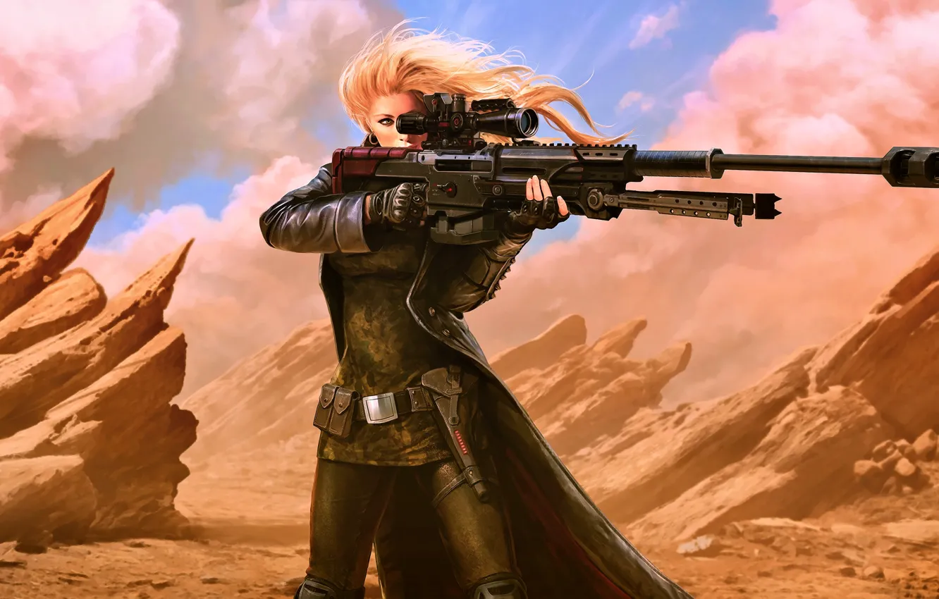 Фото обои girl, fantasy, desert, weapon, Warrior, blonde, digital art, rifle