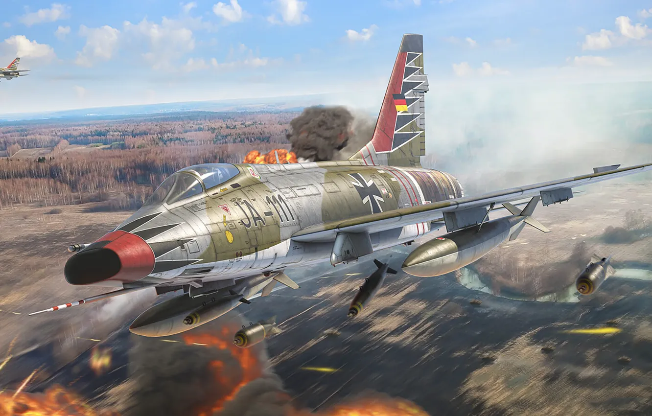 Фото обои истребитель-бомбардировщик, Luftwaffe, сверхзвуковой, North American F-100 Super Sabre, Antonis (rOEN911) Karidis, американский одноместный одномоторный, Black …