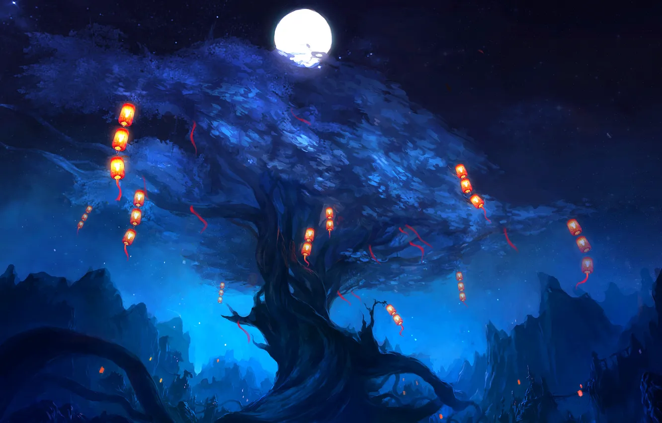 Фото обои ночь, огни, дерево, скалы, луна, арт, фонарики, zyxlx