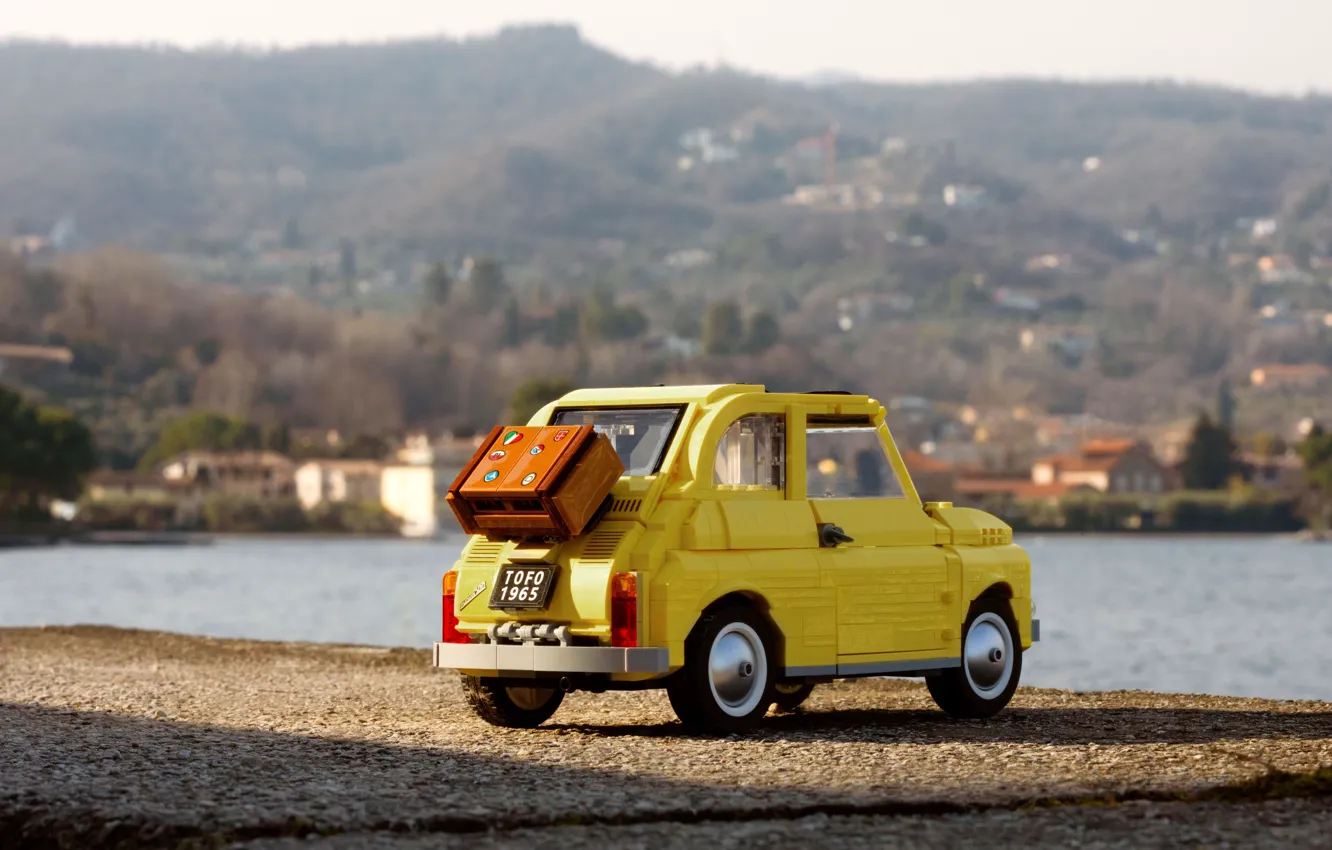 Фото обои Желтый, Пейзаж, LEGO, Fiat 500, LEGO Fiat 500, Игрушечный автомобиль, Toy Car