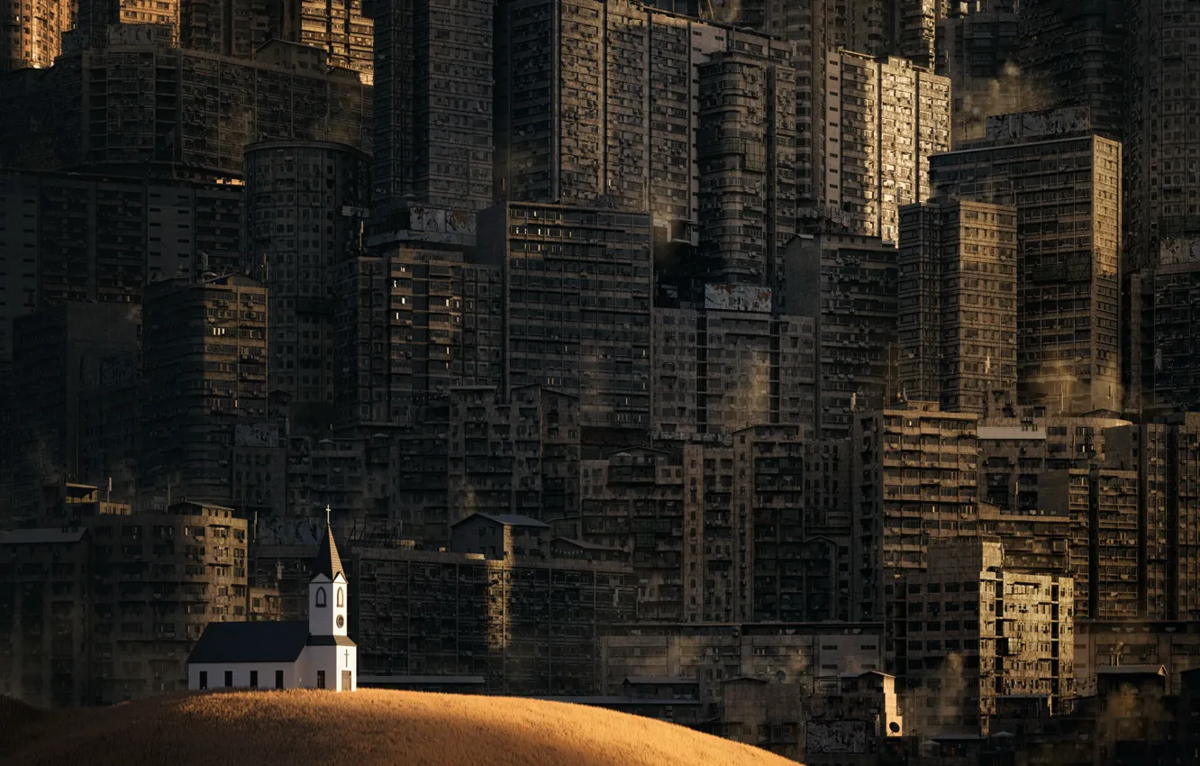 Фото обои Дома, Город, Церковь, Здания, City, Холм, Фантастика, Town