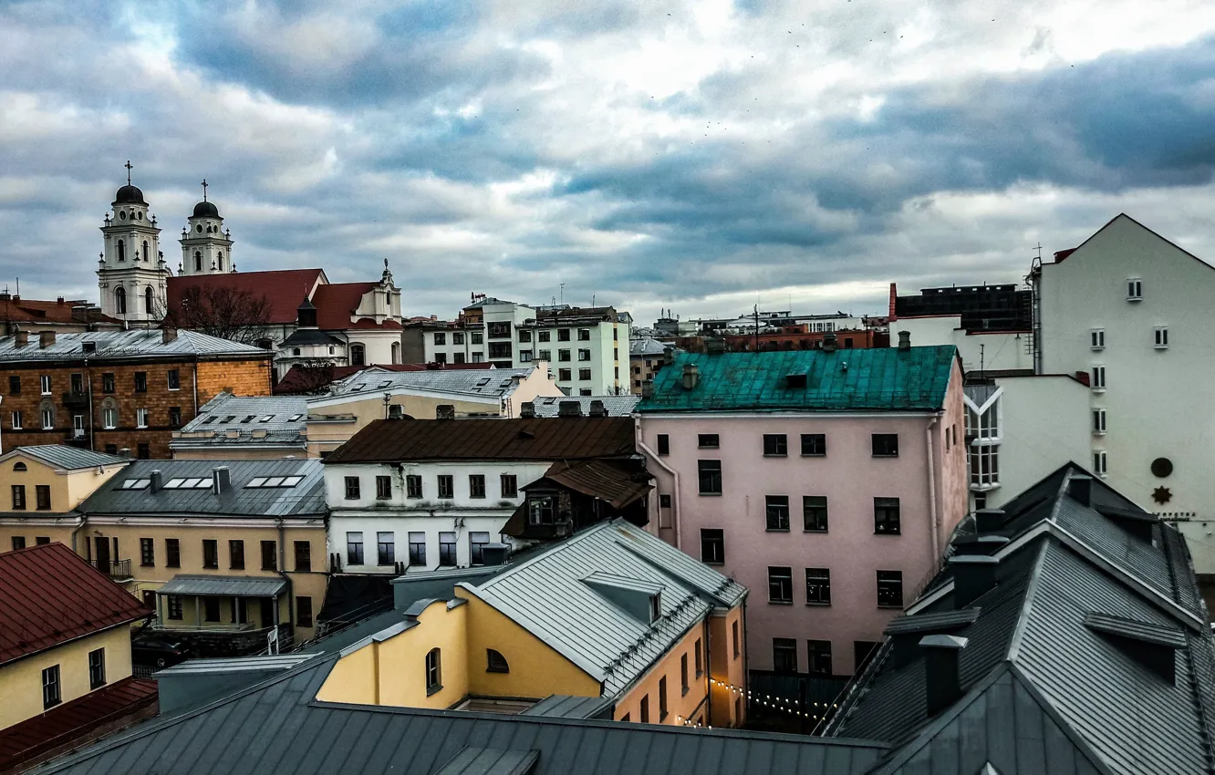 Фото обои sky, panorama, autumn, view, houses, buildings, belarus, church