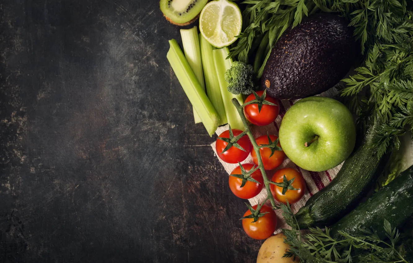 Фото обои зелень, Овощи, фрукты, ассорти