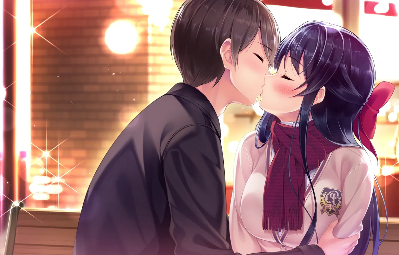 Фото обои Девушка, Поцелуй, Парень, Uchi no Kanojo