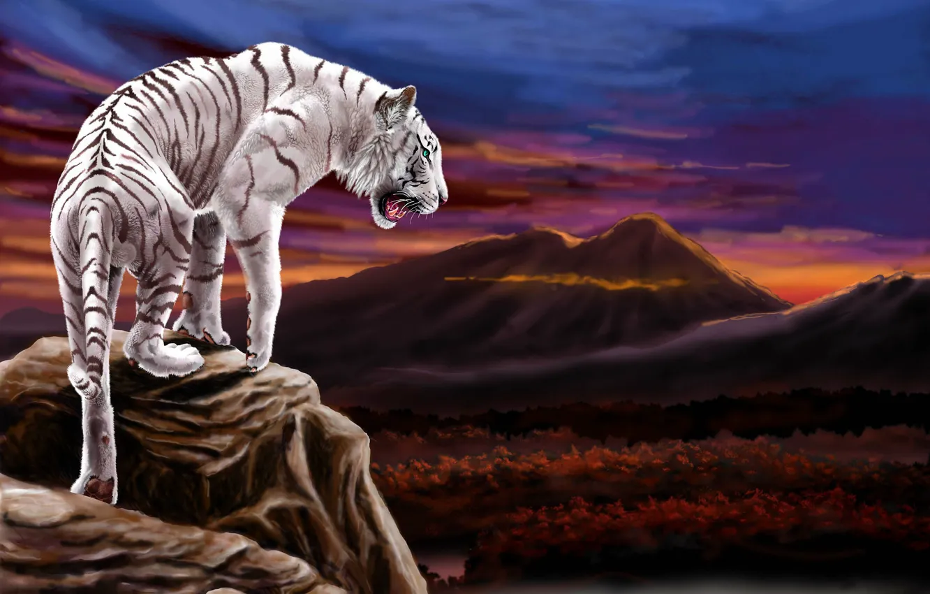 Фото обои Тигр, Гора, Тучи, Хищник, Арт, Дикая кошка, Большая кошка