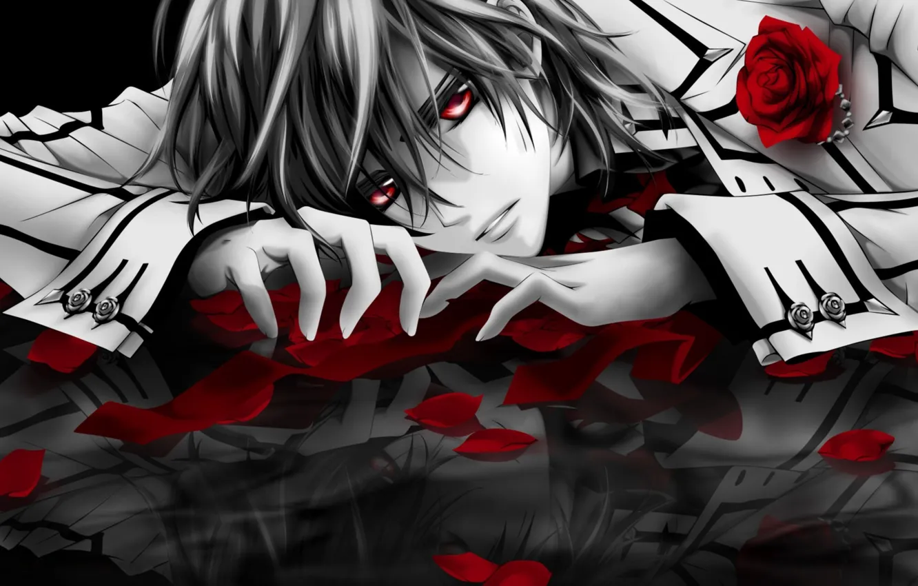 Фото обои поверхность, отражение, розы, лепестки, арт, вампир, красные глаза, kuran kaname