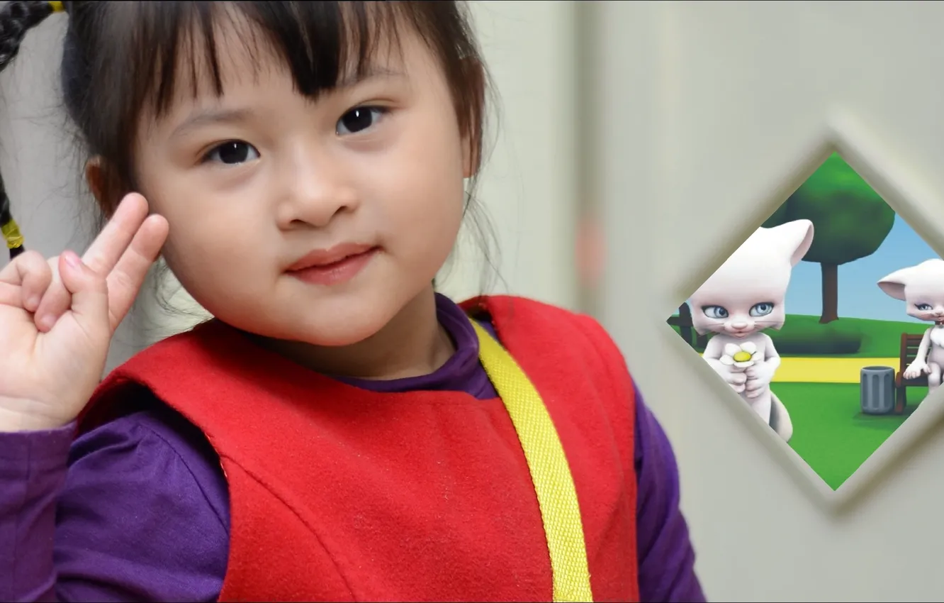 Фото обои девочка, азиатка, жест, little girl, asian girl, gesture, для дети, for kids