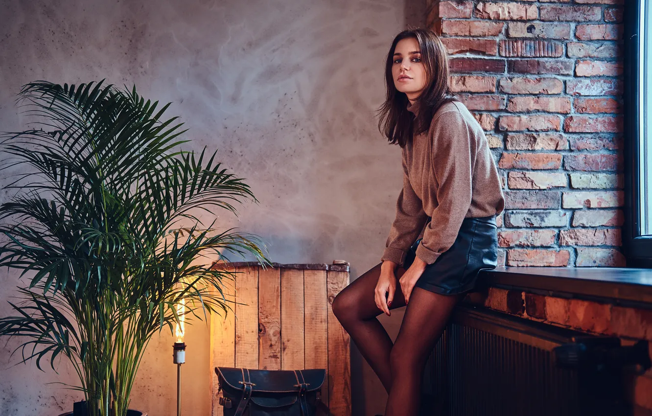Фото обои window, room, brunette, attractive, female, posing