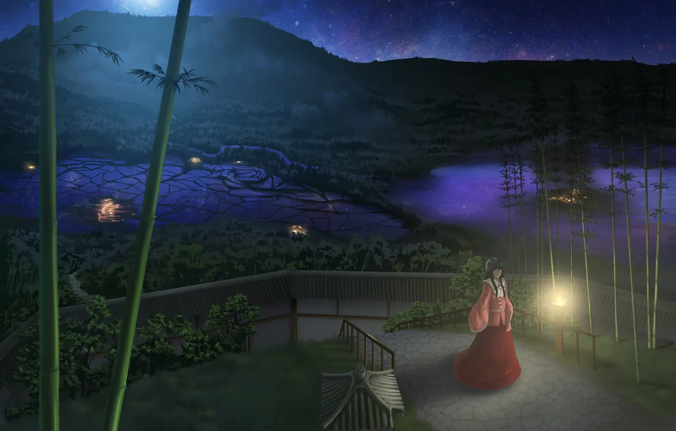 Фото обои девушка, звезды, ночь, огни, парк, бамбук, прогулка, touhou