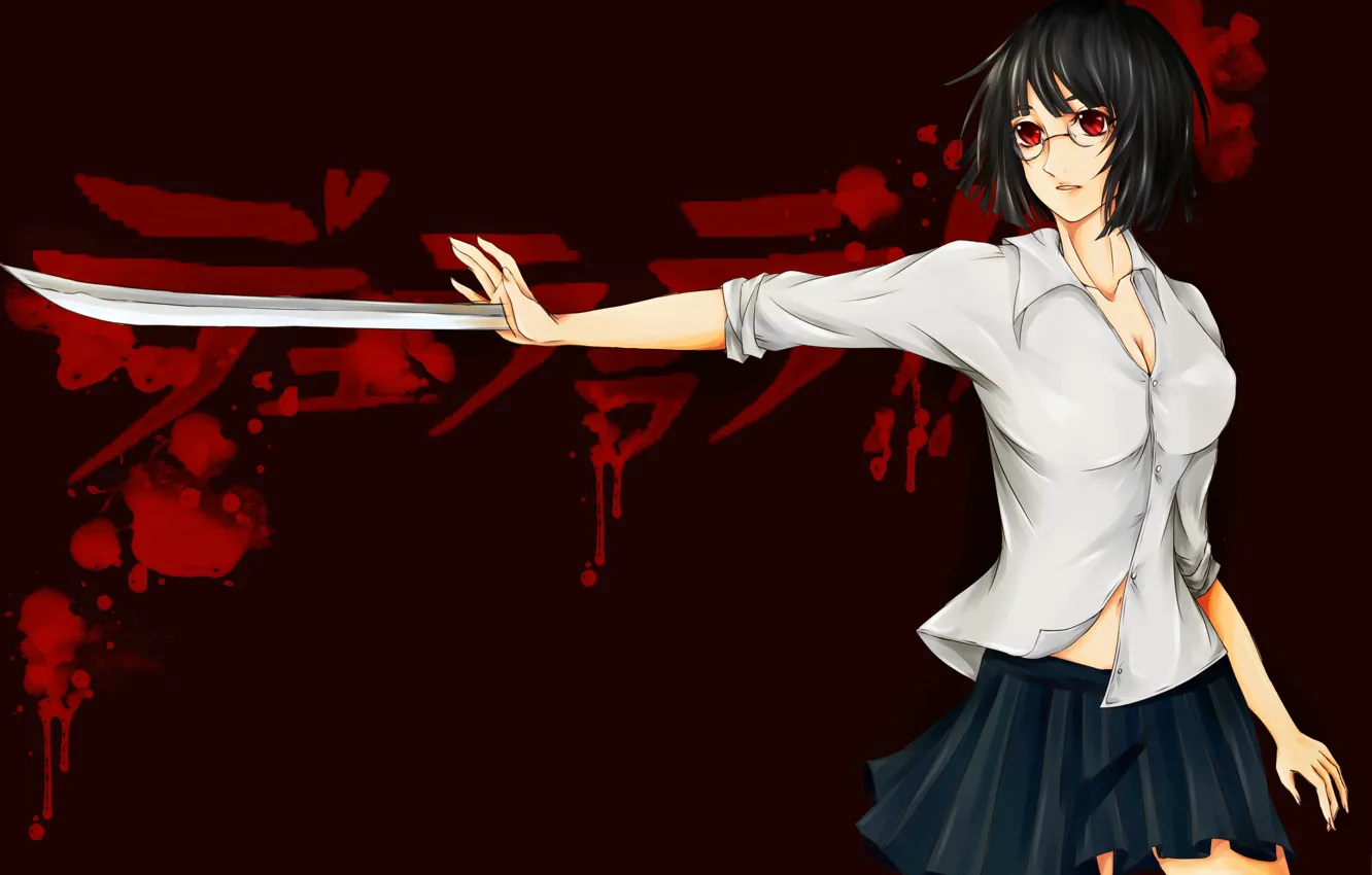 Фото обои girl, sword, blood, weapon, big, anime, red eyes, katana