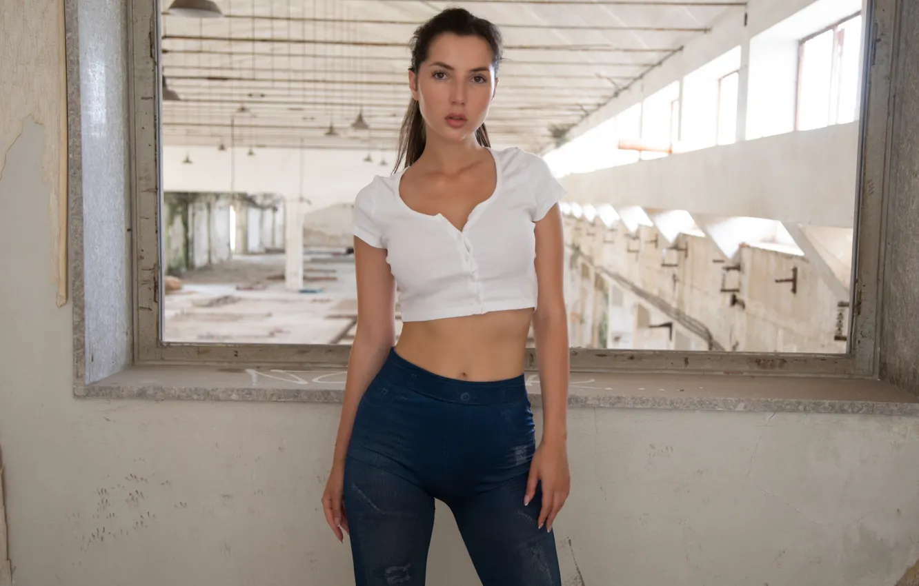 Фото обои hot girl, brown hair, model, sexy woman, photoshoot, posing, white top, tights