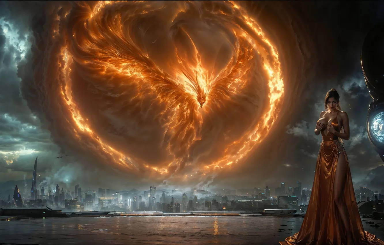 Фото обои ночь, город, декольте, феникс, красивая девушка, бюст, digital art, мифическое существо