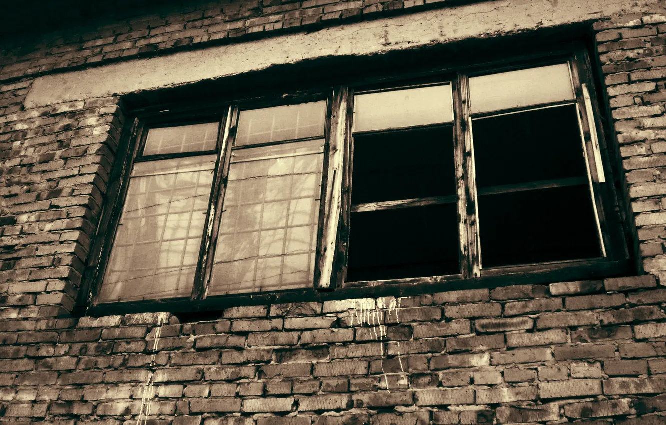 Фото обои окно, решётка, кирпичная стена