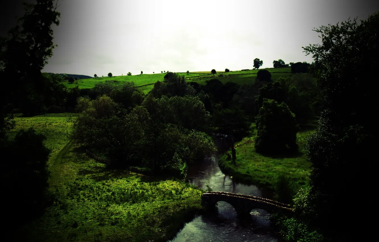 Фото обои зелень, лес, пейзаж, мост, река