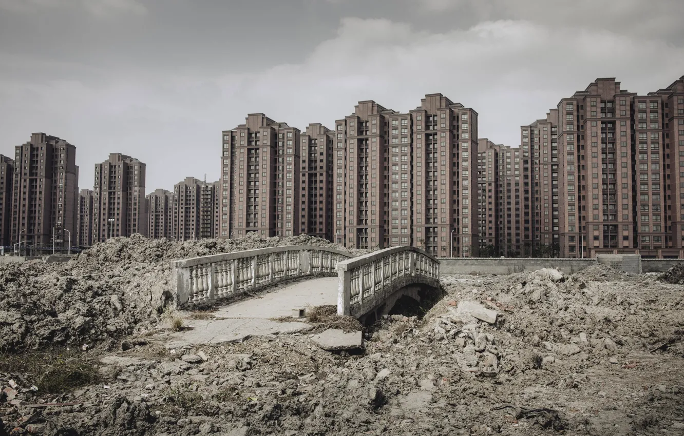 Фото обои небо, облака, мост, China, дома, Китай, архитектура, город-призрак