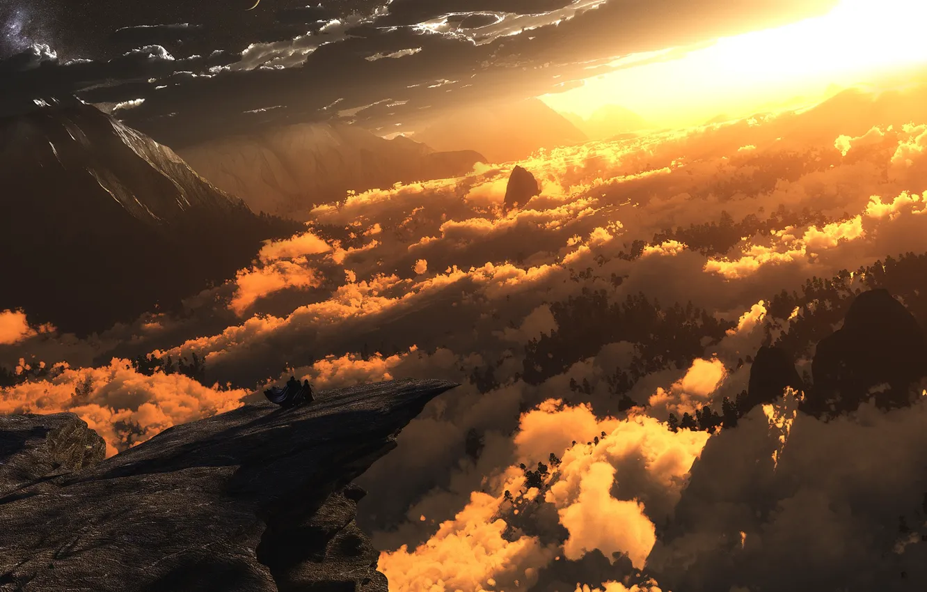 Фото обои облака, свет, горы, digital, Heliocentric