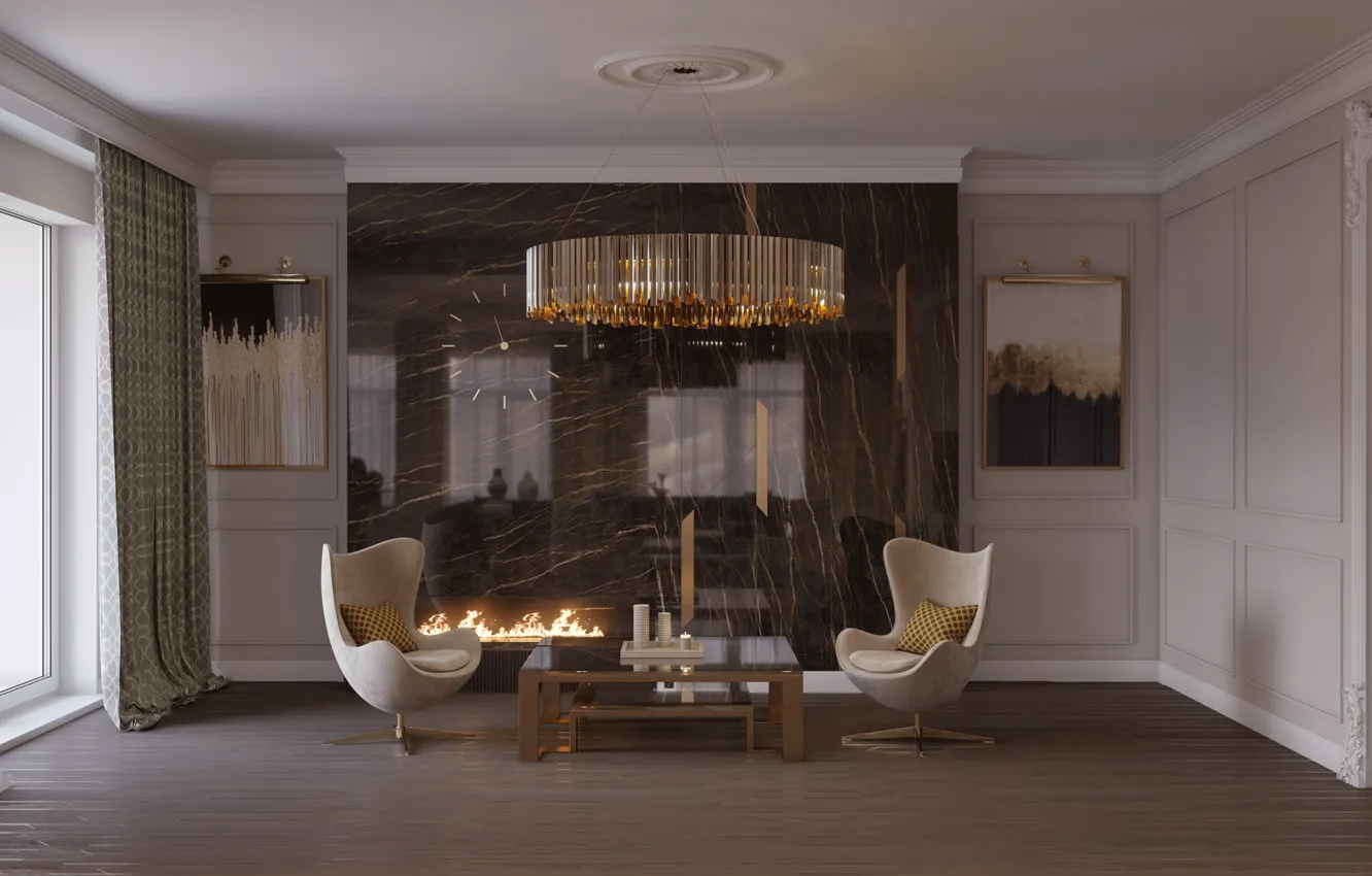 Фото обои дизайн, интерьер, кресла, люстра, картины, камин, гостиная, best italian interior design